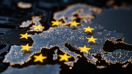 European Union map outlined on digital circuit board. Yellow stars of EU flag embedded, signifying unity and technological advancement. Global network security and data protection