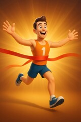 Obraz premium Happy cartoon runner breaking finish line, celebrating victory and achievement. Embracing success with outstretched arms