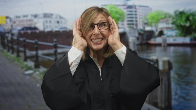 Caucasian woman judge in black robe covering eyes with hands on street by canal walkway; surprise secrecy legal humor.
