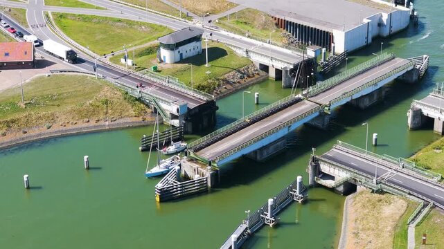 a7 motorway series lifting bridges span critical maritime gap massive lock complex connects wadden sea ijsselmeer kornwerderzand afsluitdijk netherlands north holland infrastructure 