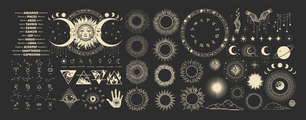 Large vintage astrology and zodiac illustration set with celestial symbols, sun, moon phases, starbursts, and mystical elements on dark background. Hand drawn esoteric line art collection for