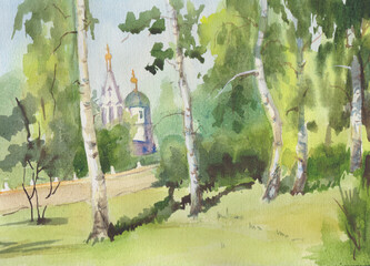 an ancient church in a birch park