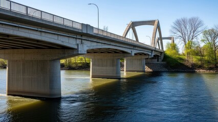 Concrete bridge arches over water, pillars supporting a roadway, sunny day