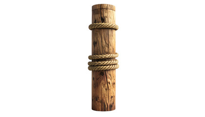 Naklejka premium A weathered wooden post wrapped with coiled rope, isolated against a black background