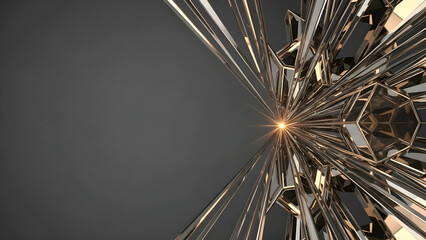 経営コンサルや金融業界向けの高級感ある幾何学結晶背景。透明なクリスタルとシャンパンゴールドの抽象素材、16:9プレゼン資料用。