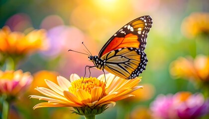 Obraz premium A vibrant butterfly perched on a bright flower, surrounded by a colorful, soft-focus background
