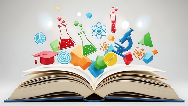 An open book with colorful science and education icons rising from the pages - Powered by Adobe