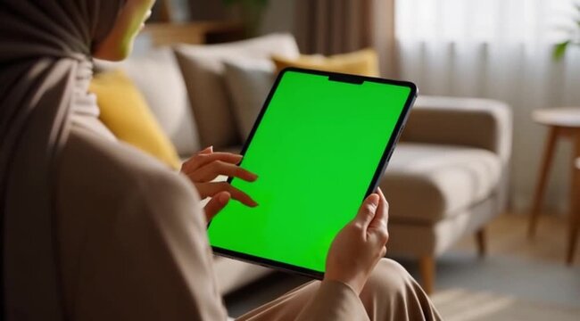 Young woman engaging with a modern tablet displaying a chroma key green screen in a comfortable home environment, ideal for digital content mockups and technology lifestyle concepts
