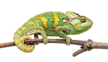 A vibrant chameleon perches on a thin branch against a white background, showcasing its colors