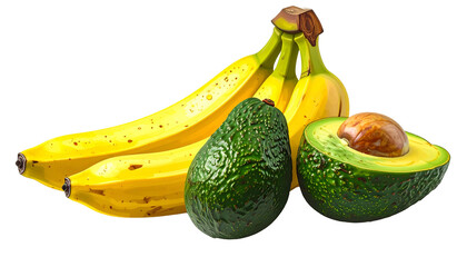 Bunch of ripe bananas and avocados, one whole, one halved showing seed