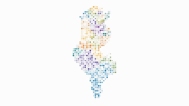 Tunisia animated country shape. Pulsating colored dots on the map of the country. Small size circle blocks. Digital style Tunisia map on white background. Plain animation video.