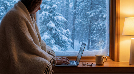 Home office - woman wrapped in warm wool blanket working remotely on laptop computer sitting on window sill with snowy winter forest view and steaming cup of hot coffee.