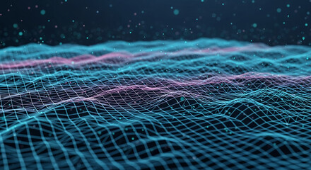 Abstract grid landscape with teal and pink hues, glowing particles, representing digital data, technology, or network connection, ideal for tech background