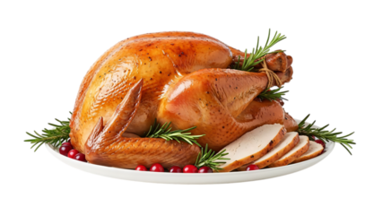 Turkey on white plate with cran and cran side surrounded by fresh.