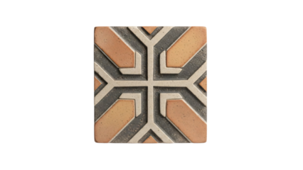 Small square tile with geometric design in orange and grey with white.