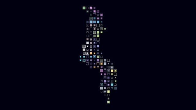 Malawi animated country shape. Pulsating colored dots on the map of the country. Large size square blocks. Digital style Malawi map on dark background. Stylish animation video.