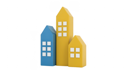 Three colorful houses with white windows blue house isolated on a transparent background