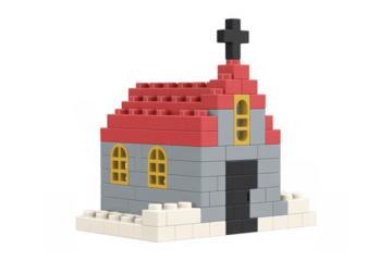 Small church building made of colorful blocks with cross isolated on a transparent background