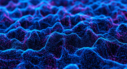 Abstract blue and purple particle landscape, wavy texture, digital art, ideal for background or wallpaper use, evoking feelings of depth and mystery
