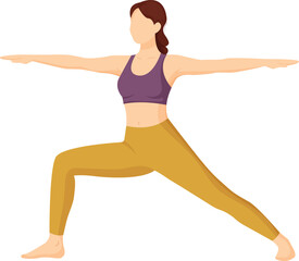 Vibrant illustration of a woman striking a powerful warrior yoga pose, embodying strength, balance, and mindful fitness for a healthy lifestyle
