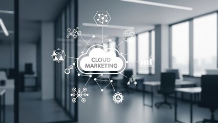 Futuristic cloud marketing concept graphic overlaid on a blurred office interior
