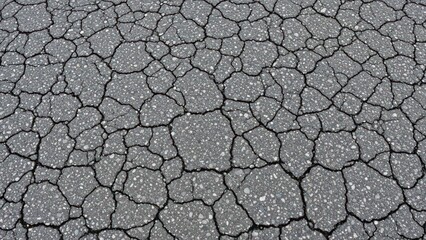 Detailed shot of weathered asphalt, revealing a network of cracks
