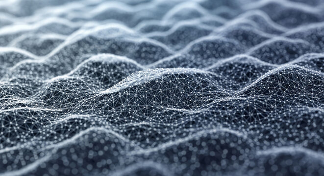 Abstract image of interconnected nodes forming undulating waves, suggesting network, connection, or digital landscape, ideal for technology or data visualization - Powered by Adobe