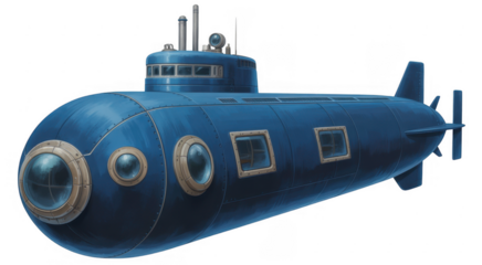 Blue submarine isolated underwater isolated on a transparent background