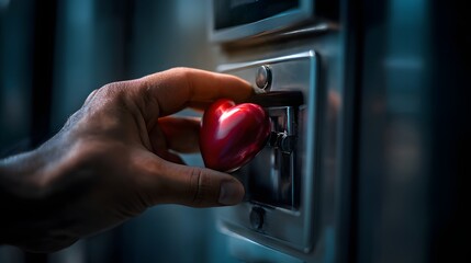 Man inserting red heart into a donation slot on a metallic wall, perfect for charity campaigns, emotional social media visuals