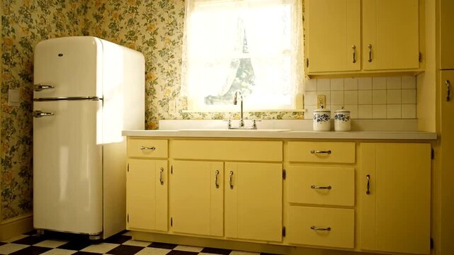 Vintage Kitchen Interior with Retro Refrigerator and Cabinets.