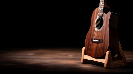headstock. Acoustic guitar resting on a wooden stand, highlighting strings and soundhole with warm lighting. tutorial guides, club newsletters, designed for tourism and weekend activity guides.