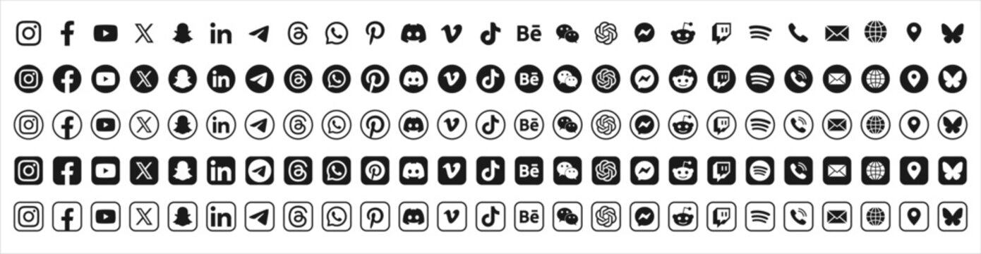 New updated social media network icons set 2025 black & white. Facebook, WhatsApp, Instagram, X, LinkedIn, YouTube, TikTok, BlueSky, Phone, mail, Location, Web. social media & contact icon set 2026.