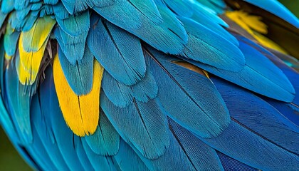 Obraz premium Close-up of vibrant blue and yellow feathers displaying intricate textures and patterns