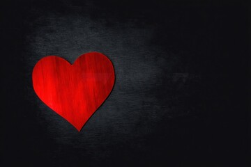 Vibrant red wooden heart on dark textured background. Minimalist romantic composition with dramatic lighting. Perfect for Valentine's Day or love concepts.