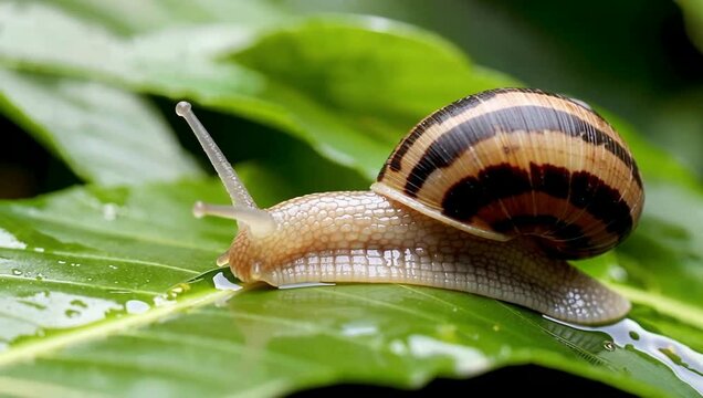 Garden snail crawling on green plant stem, macro view of shell and soft texture