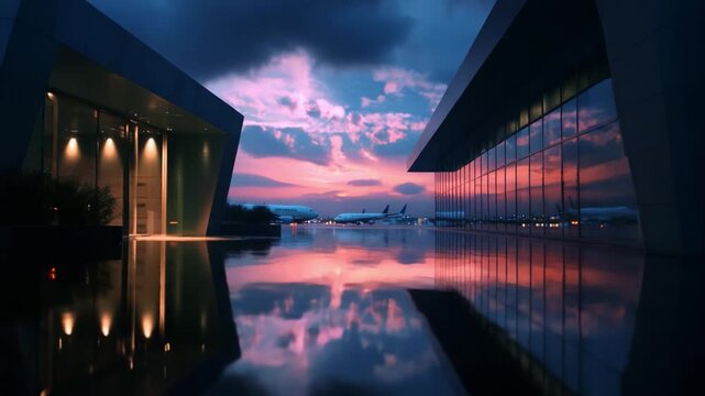 A stunning twilight view showcasing modern architecture reflecting in serene water, where sleek glass buildings frame a scenic sunset sky with vibrant hues and aircraft in the background, creating a