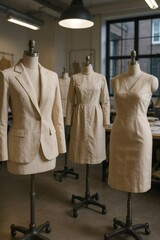 Fabric prototypes on dress forms in a fashion design studio, showing the garment development and pattern making process