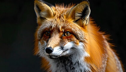 Obraz premium A close-up portrait of a fox displaying vivid orange fur and expressive eyes against a dark background