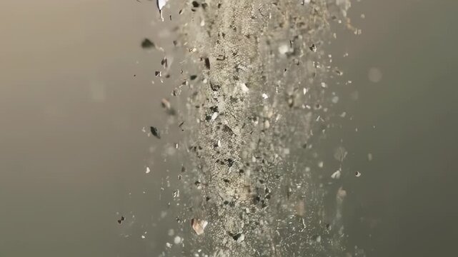 Abstract image of a textured, crumbling surface with scattered particles against a blurry background