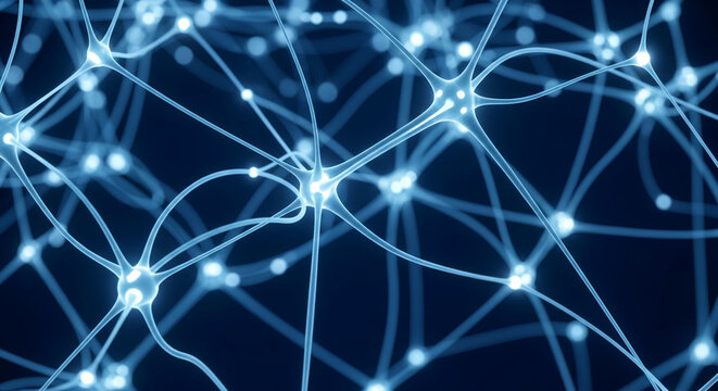 Abstract image of glowing blue neural network, depicting complex interconnectedness, symbolizing brain, technology, or communication network