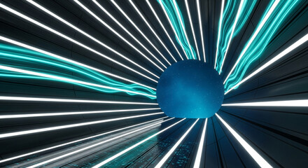 Abstract image of a futuristic tunnel with glowing teal and white lights, creating a dynamic and modern design suitable for technology or science fiction concepts