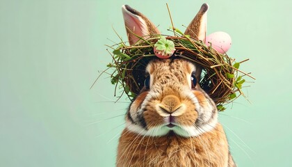 A rabbit adorned with a nest hat featuring pastel eggs, radiating a charming festive vibe