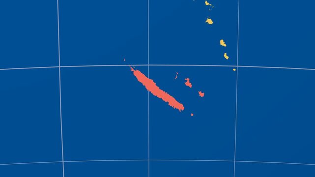 New Caledonia on Globe. Animated zoom into the country in Ocean Blue Golden Yellow color palette. New Caledonia logo animation. Map with meridians, parallels. Artistic video.