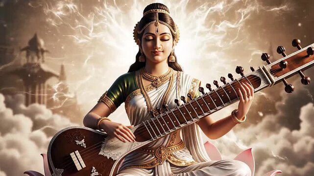 Divine Goddess Saraswati Playing Sitar on Lotus Flower with Clouds.