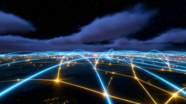 A breathtaking view of a connected world at night, showcasing vibrant networks of light illuminating the landscape beneath a starry sky, reflecting the vastness of global communication and technology.