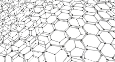 Abstract grayscale image of interconnected nodes and lines, forming a complex network structure, showcasing connectivity, structure, and technological advancement