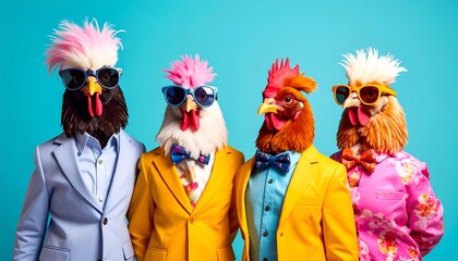 Four vividly dressed chickens wearing sunglasses and suits against a bright blue background