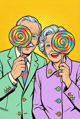 Fototapeta premium Elderly couple holding lollipops and smiling against yellow background 