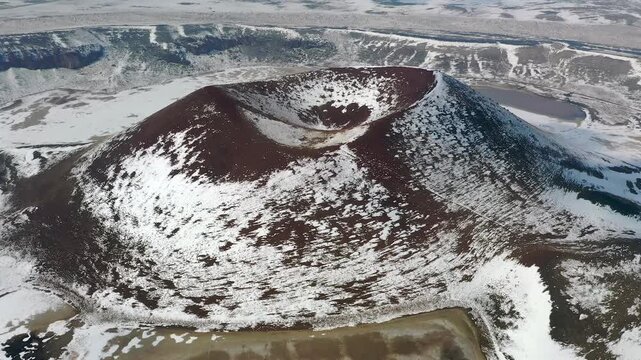 Meke Crater Lake in Snowy Weather &ndash; Aerial Drone View