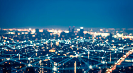 Abstract image of glowing network over blurred city lights at night, symbolizing connectivity, technology, and urban development